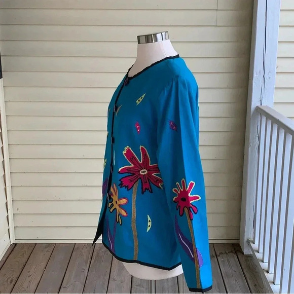 NEW Indigo Moon Linen Blend Blazer Jacket Embroidered S Blue Flower Artsy - Picture 3 of 7